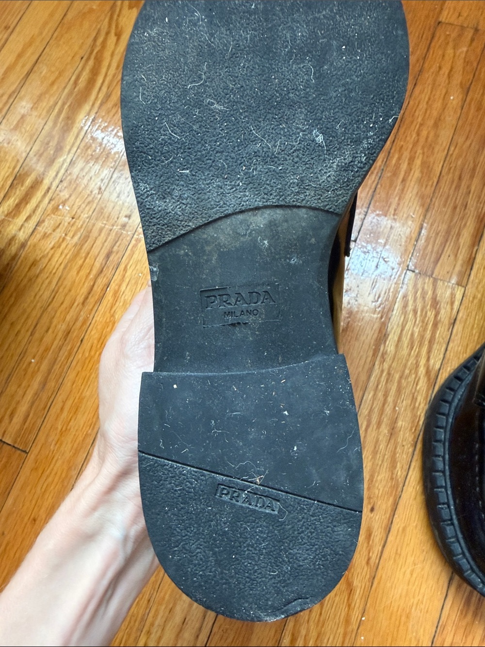 Prada Women’s Black Leather Slip-On Loafers with Logo Plaque - Picture 3 of 4